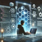 DALL·E 2024 12 26 14.13.55 A Sleek Futuristic Website Banner Design Featuring A Developer Working On A Laptop Coding A Cross Platform Mobile App For IOS And Android. Visual Re