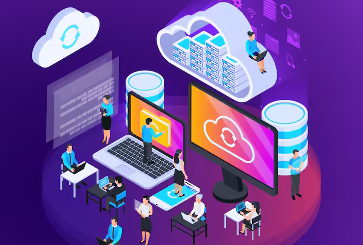 Cloud Services Isometric Composition With Small Figures People With Computer Screens 1284 30497