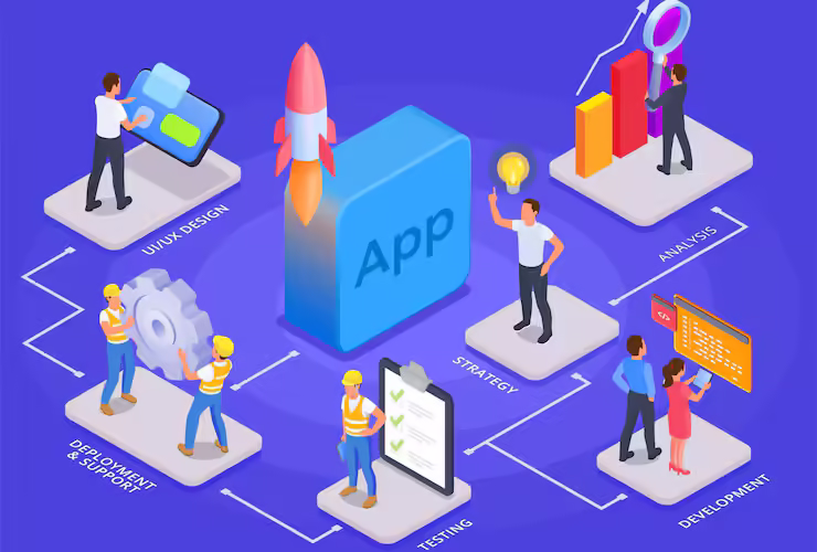 Mobile App Development Composition With Flowchart Isometric Platforms Application Icons Human Characters Text Captions Vector Illustration 1284 77306